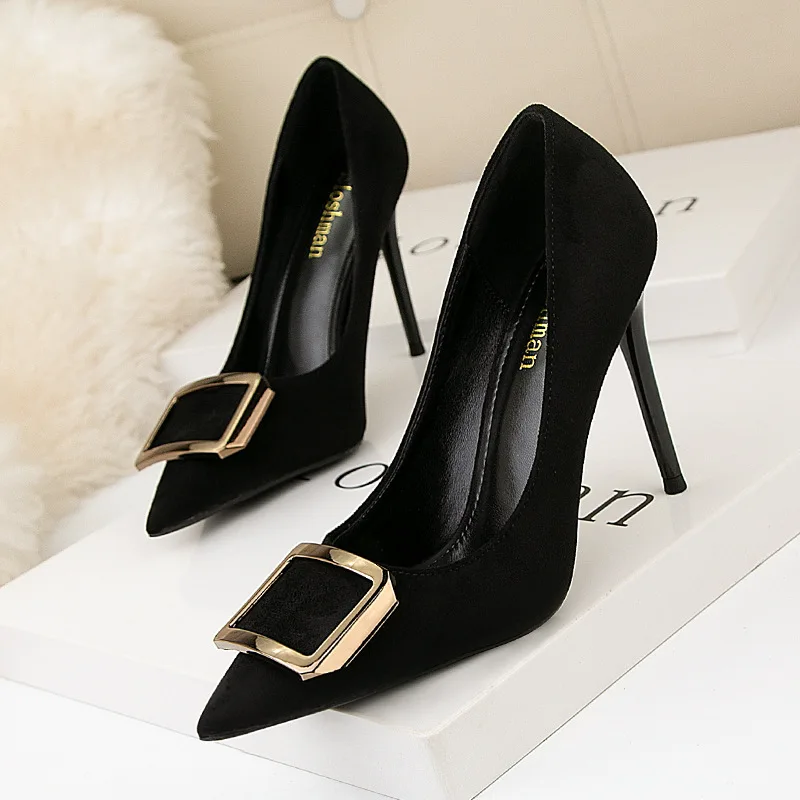 

Korean fashion women's shoes stiletto suede shallow mouth pointed metal square buckle sexy look thin