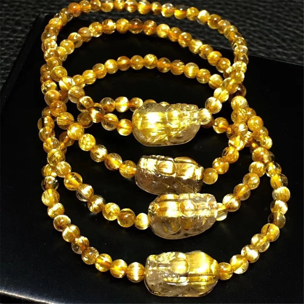 6mm Genuine Natural Gold Rutilated Titanium Bracelet For Women Men Crystal Pi Xiu Beads Stretch Round Beads Jewelry AAAAAA