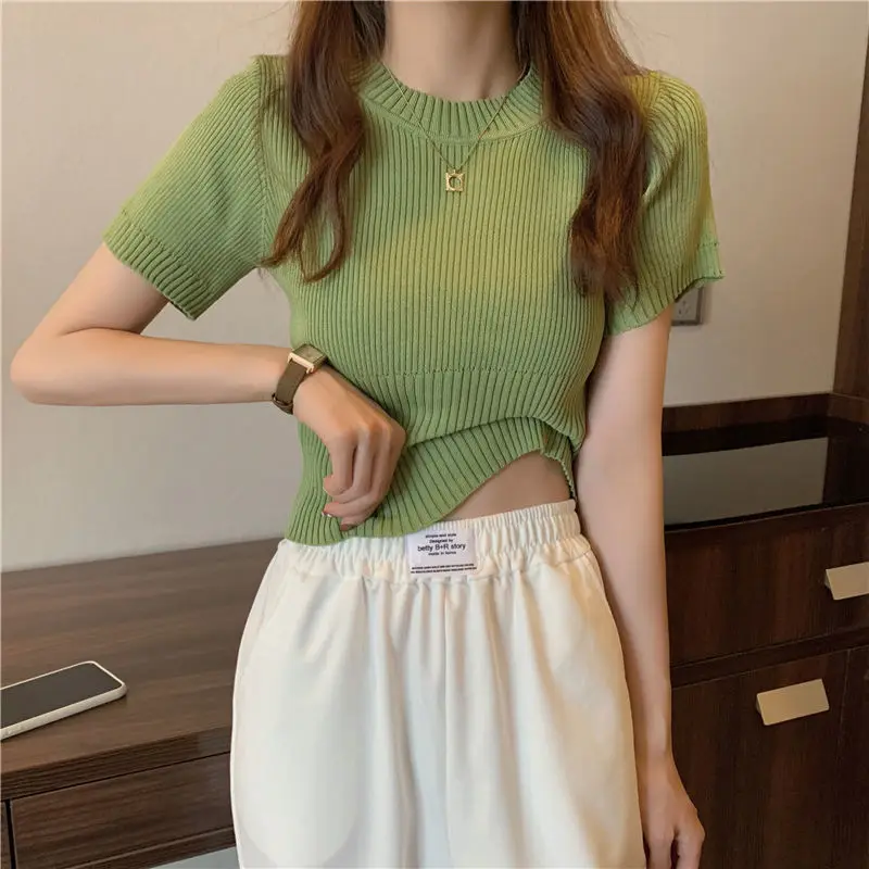 Summer Slim Thin Round Neck Solid Color Knitted Short-sleeved Pullover T-shirt Spring And Autumn New Fashion Bottoming Top