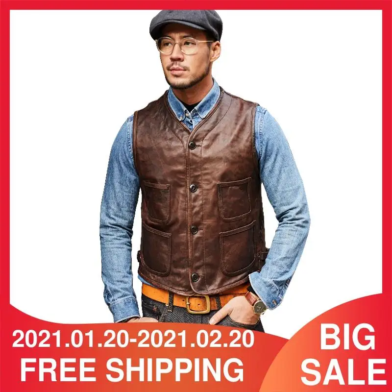 2021 винтажный Коричневый Мужской приталенный повседневный кожаный жилет
