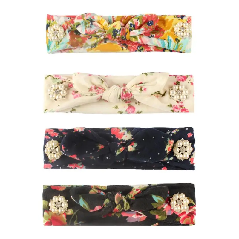 

Ethnic Women Outdoor Sport Headband Pearl Rhinestone Button Floral Headwrap Rabbit Ears Bowknot Anti-Tight Turban