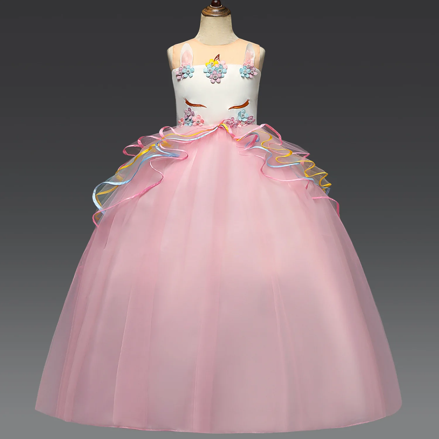 

RC117001 New Colorful Screen Layered Fluffy Unicorn Princess Festival Performance Clothes Medium and Large Children's Long Dress