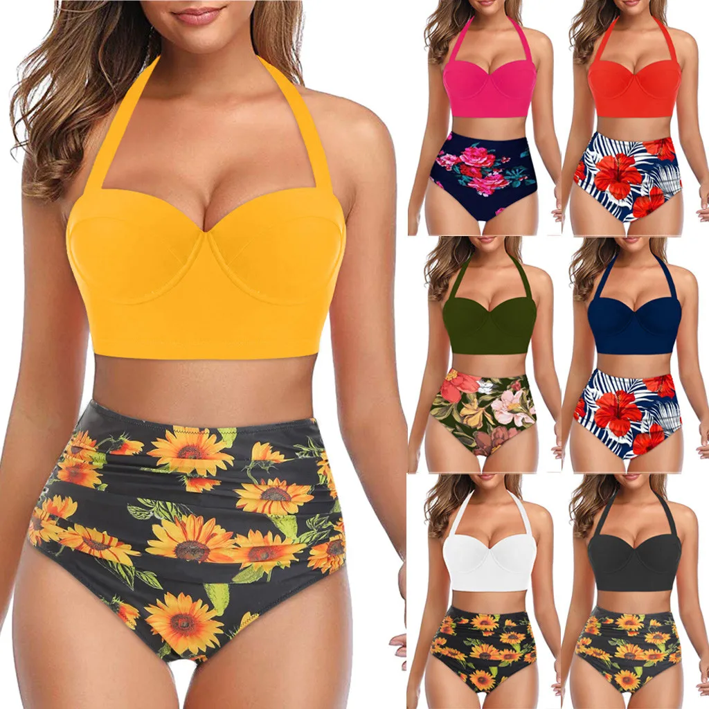 Купальник женский с чашками пуш-ап халтер высокая талия комплект для плавания