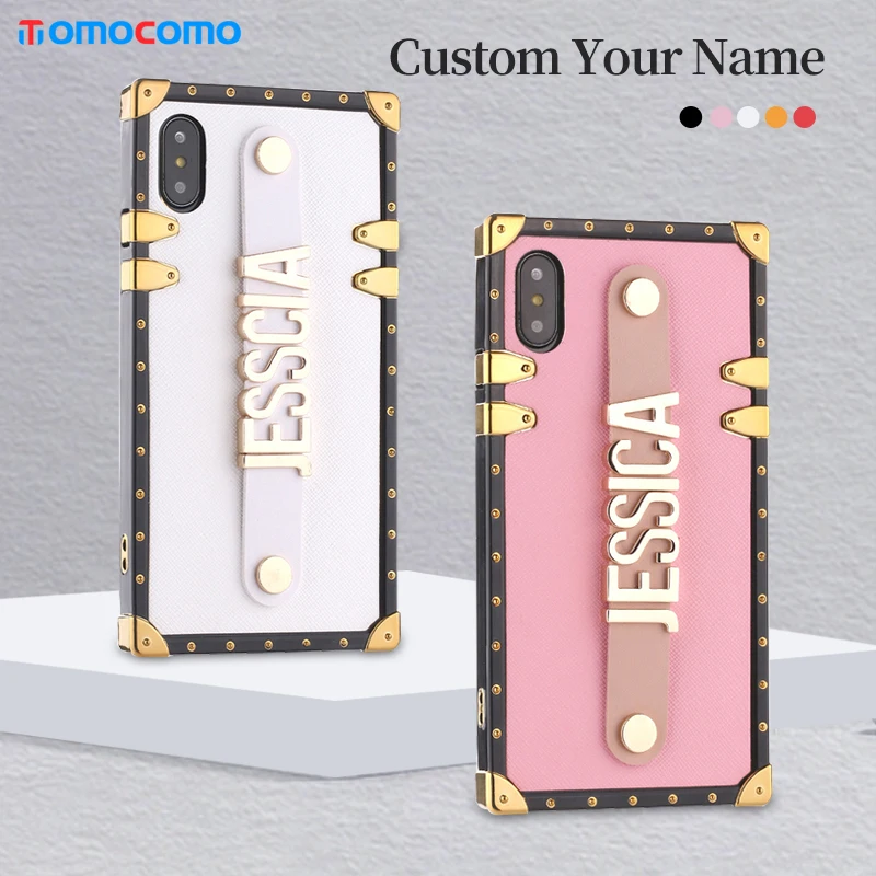 Custom Leather Trunk Case Holding Strap Gold Metal Personalized Name Phone Case For iPhone 12 11 Pro XS Max XR 7 7Plus 8 8Plus X