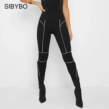

SIBYBO Reflective Striped Elasticy Pencil Pants Women Summer High Waist Bodycon Trousers Female Push Up Sporty Fitness Long Pant