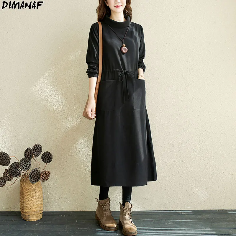 

DIMANAF Plus Size Women Dress Cotton Turtleneck Solid Basic Belt Long Autumn Female Loose Show Thin Vintage New Casual Dresses