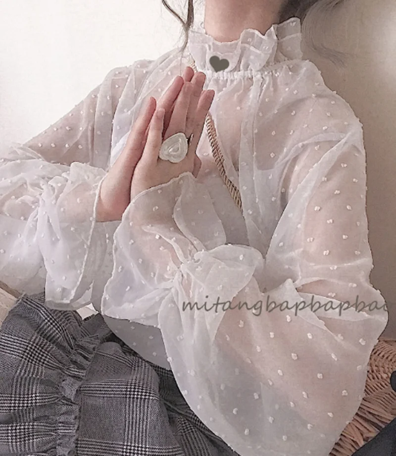 Japanese wave point gentle sweet lolita shirt transparent lace kawaii girl daily victorian shirt gothic lolita top loli cosplay lolita cosplay costumes lolita blouses