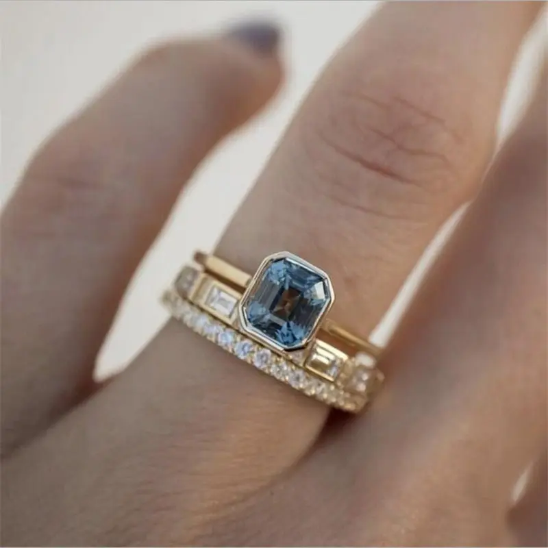 Stylish Three Acid Blue Crystal Rings-0