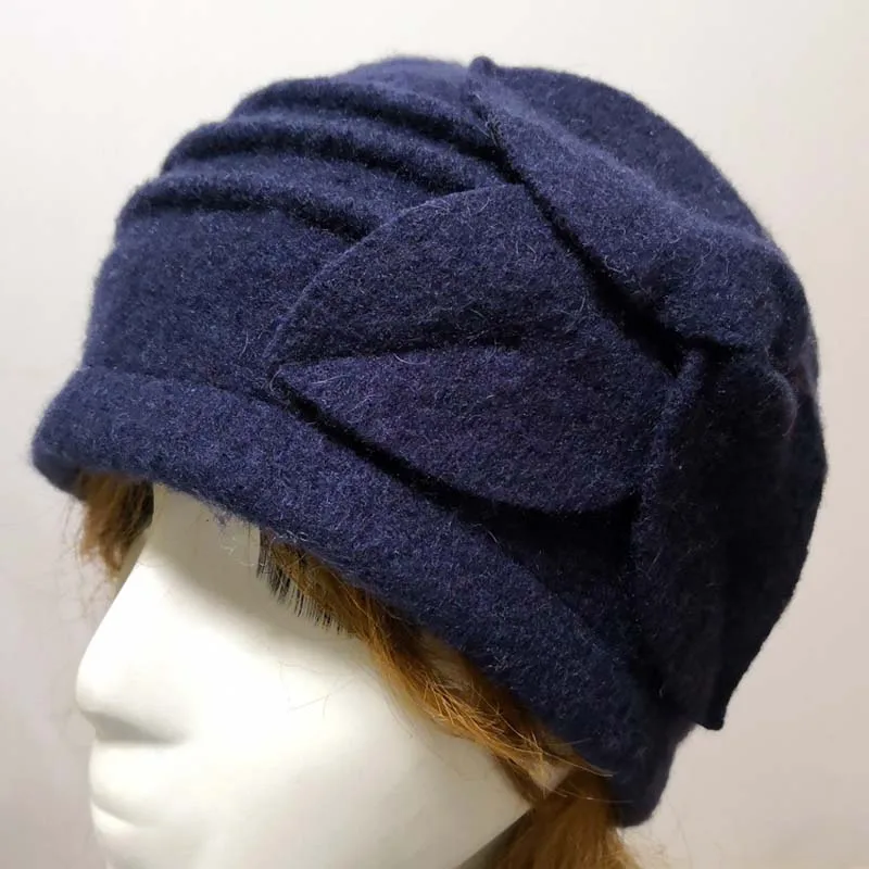 Женские шерстяные шапки на осень и зиму, чистая шерсть, теплые шапки, шапка-ведро, подарки для мамы, леди, цветок, фетровая шляпа - Цвет: Navy blue