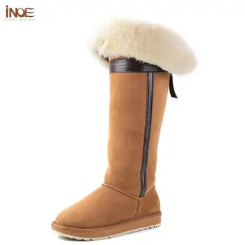 

INOE Over The Knee Sheepskin Suede Leather Wool Fur Shearling Lined Long High Winter Boots for Women Bow-knot Snow Boots Shoes