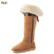 INOE prawdziwa skóra owcza naturalna owcza wełna podszyta moda damska długie zimowe buty śnieżne Bow-knot wysokie ciepłe buty wodoodporne