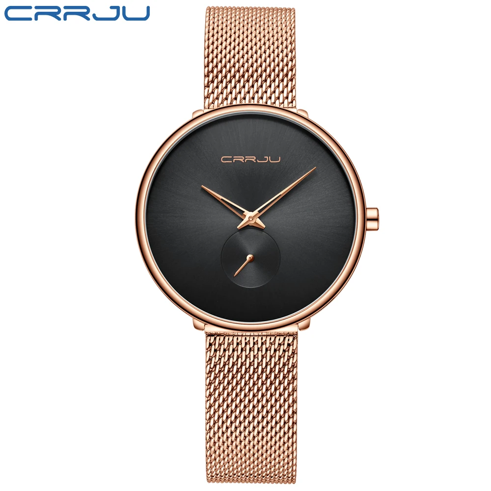 CRRJU Women's Watches Luxury Ladies Watch Fashion Minimalist Waterproof Slim Band Watches for Women Reloj Mujer - Цвет: Rose Black