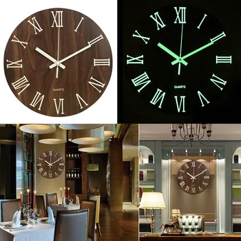 

Wooden Non Ticking Silent Quartz Luminous Wall Clock Roman Numerals Glow In Dark Night Light Minimalist Wooden Home Decor