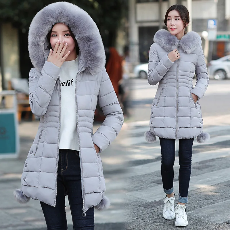 

2017 Autumn And Winter New Style Women's Middle Long Coat Fur Collar Waist Hugging Cotton-padded Clothes Women's Fashion Mid-len