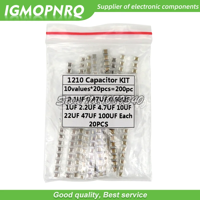 

1210 SMD Capacitor assorted kit ,10values*20PCS=200PCS/lot 100nF~100uF Samples Kit electronic diy kit hjxrhgal