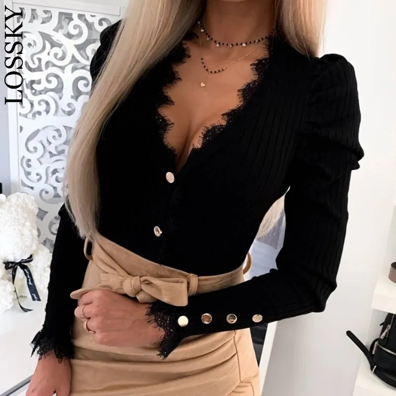 

Sexy Deep V Neck Shirt Women Puff Long Sleeve Rib Knitted Button Black Brown Blouse 2020 Autumn Spring Tops Shirts Female Blusas