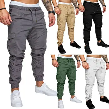 

2020 Plus Size Men Casual Solid Color Waist Drawstring Multi Pockets Long Cargo Pants free shipping