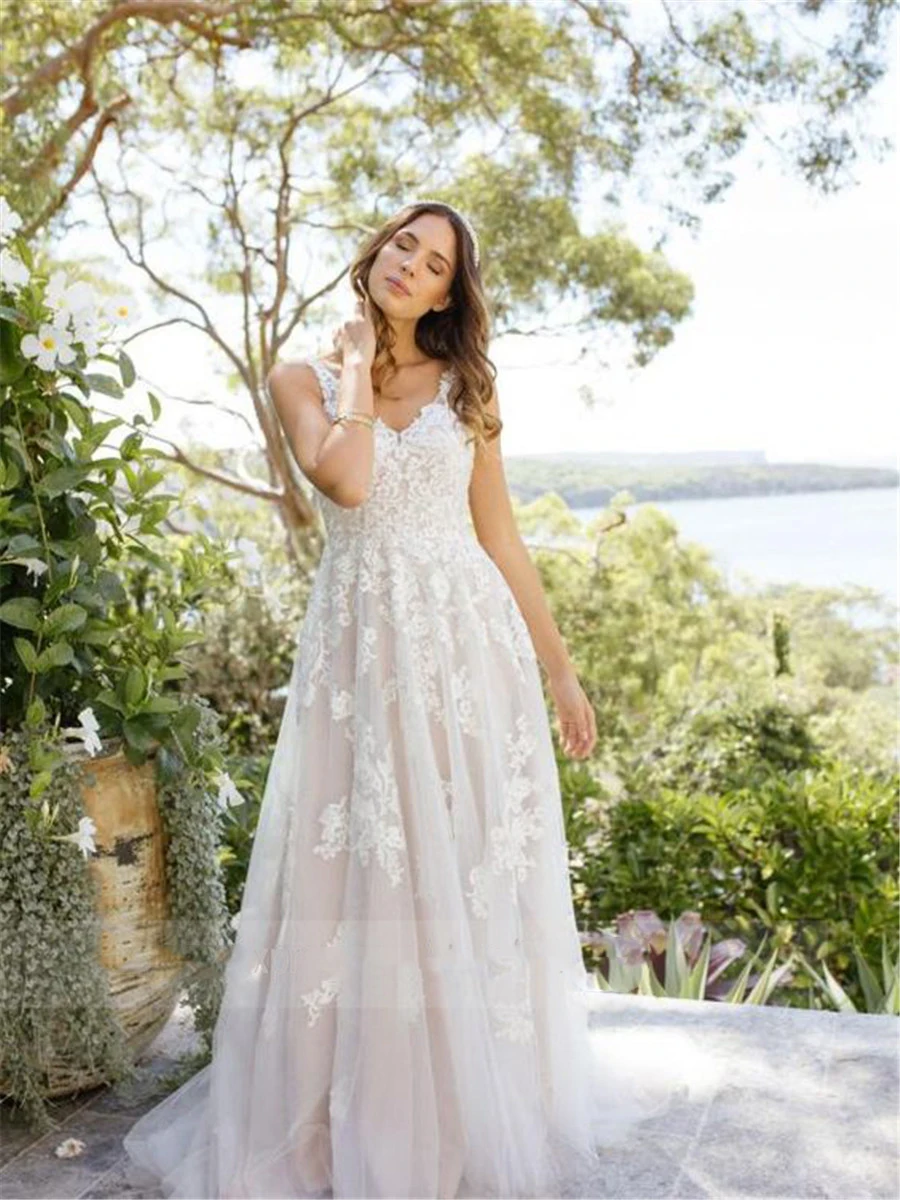 

Amazing V-Neck Lace Appliques A-Line Wedding Dresses V-Shape Back Bridal Gowns Spring Formal Spring Wedding Dress
