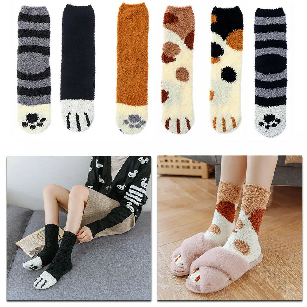 

New 1 Pair Thickening Women Ladies Cat Paw Pattern Bed Coral Fleece Floor Socks Fluffy Warm Soft