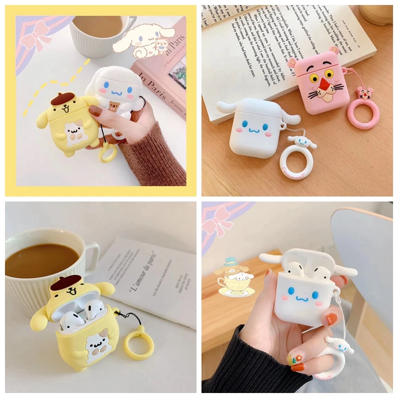 

For AirPods Case 3D Cute Kawaii Pink Cartoon Earphone Cases For Airpods 2/i10/i11/i12 TWS Protect Cover with Finger Ring Strap