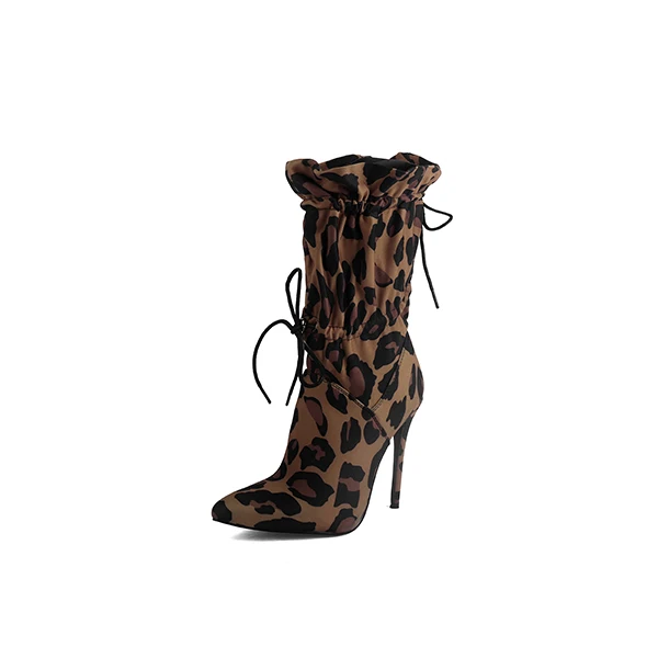 leopard BESCONE/модные женские ботинки до середины икры пикантные туфли на тонком каблуке с острым носком и леопардовым принтом женские ботинки ручной работы из микрофибры на шнуровке; H6 - Цвет: leopard