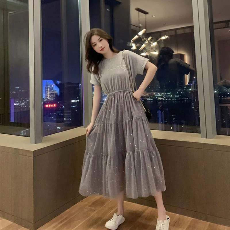 Летнее Сетчатое платье с блестками лоскутное корейское свободное средней длины