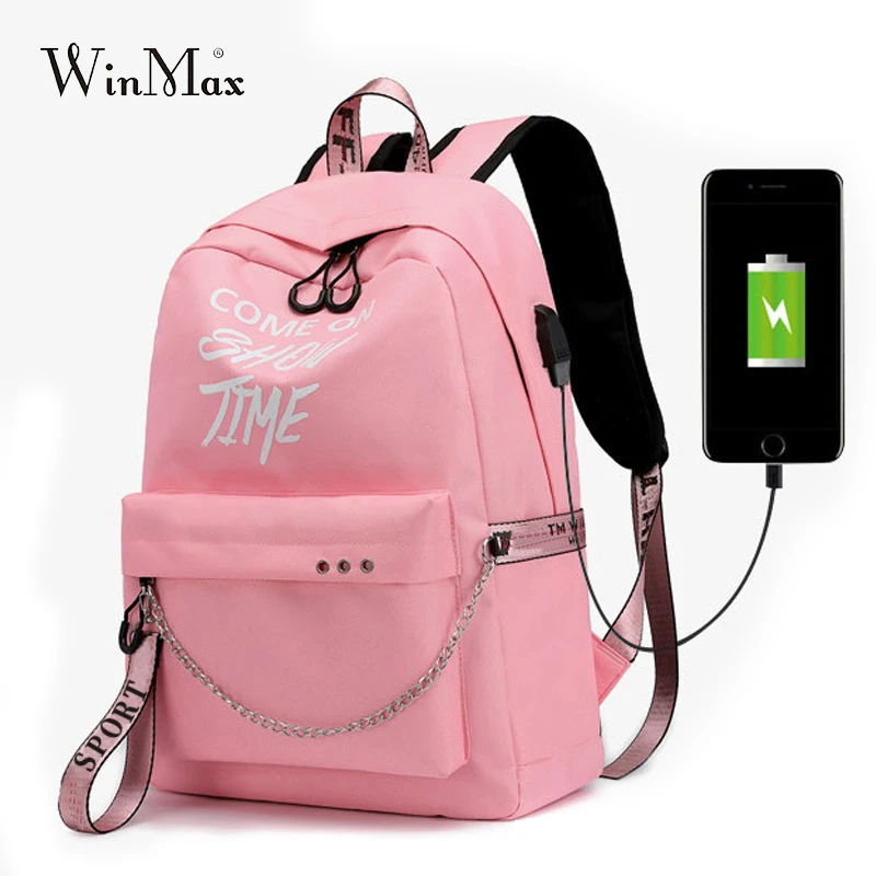 Winmax lumineux USB Charge femmes Sac à Dos mode lettres imprimer cartable adolescent filles rubans Sac à Dos Mochila Sac A Dos