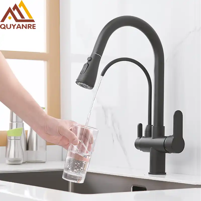 Quyanre Matte Black Filtered Crane For Kitchen Pull Out Spray 360