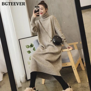 

BGTEEVER Casual Thicken Sweater Dress Women Turtleneck Full Sleeve Female Knitted Dress Midi Pullovers Jumper Dress femme 2019
