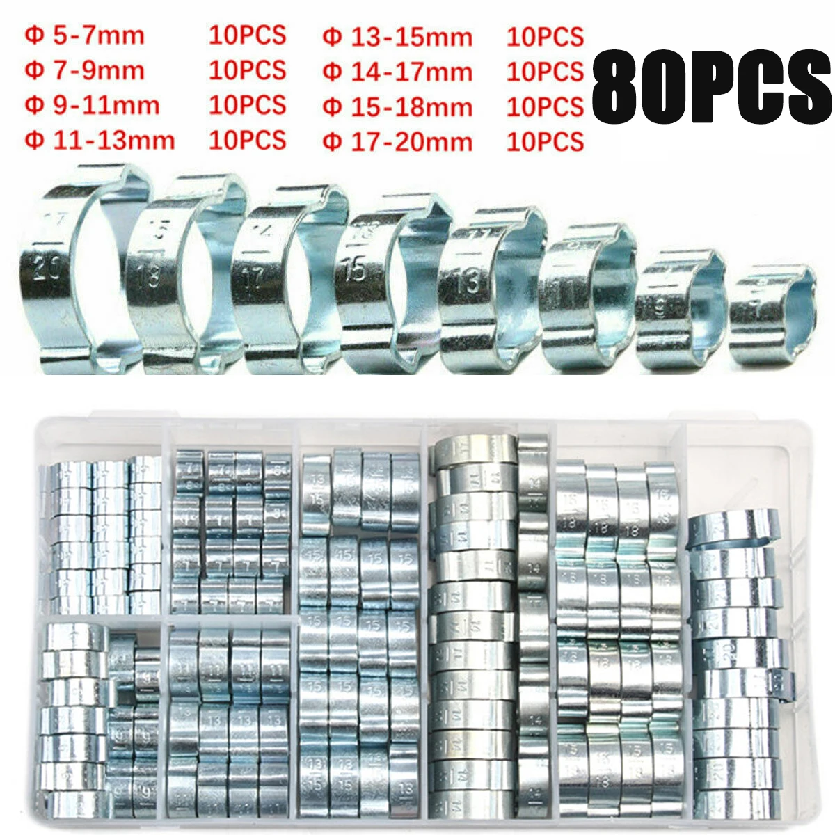 Abrazadera de doble oreja de 80 piezas, Clip de crimpado de aire, silicona, gasolina, agua, manguera de combustible, abrazaderas de manguera de acero inoxidable, anillo de abrazadera Cinch