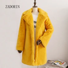 ZADORIN пальто с длинными рукавами и отворотом из искусственного меха кролика Зимнее плотное теплое розовое Черное женское меховое пальто плюшевая куртка плюс размер