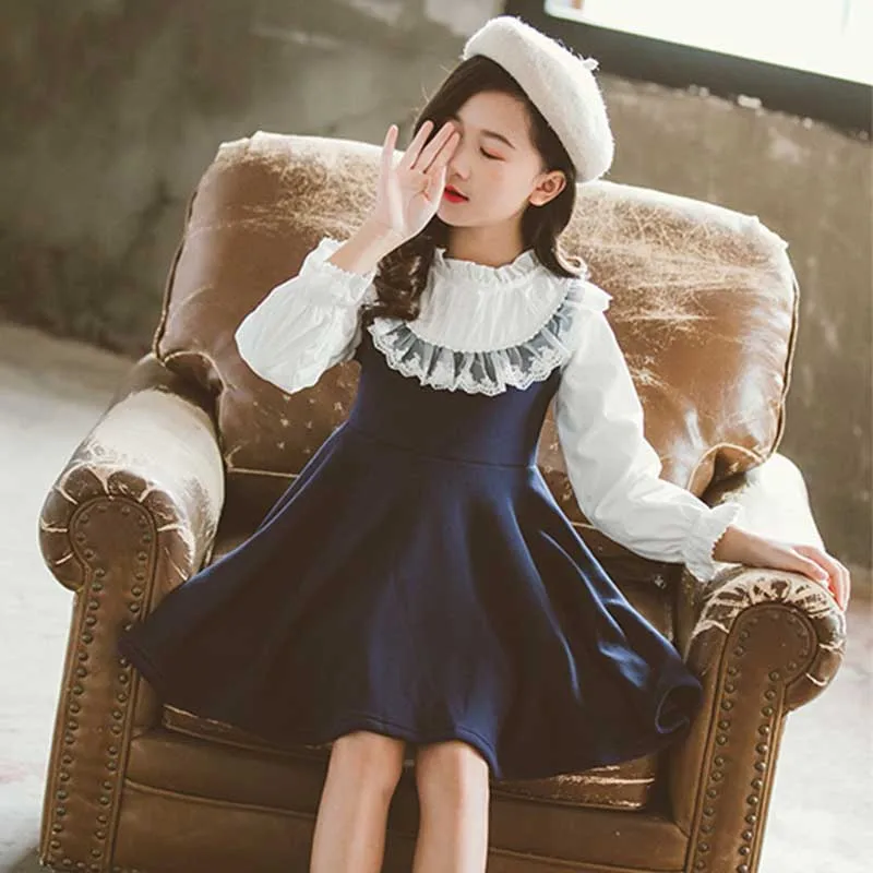 Коллекция года, новое платье для девочек в школу Повседневное платье для малышей Детская осенняя одежда в стиле пэчворк детское платье с длинными рукавами сине-белое