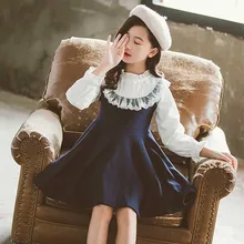 Коллекция года, новое платье для девочек в школу Повседневное платье для малышей Детская осенняя одежда в стиле пэчворк детское платье с длинными рукавами сине-белое