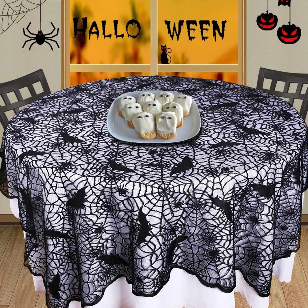 Halloween Spiderweb Tablecloth Scary Lace Bat Spider Party Table Decor Curtain