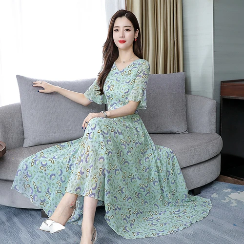 

2019 Spring Korean Version Fashion Printed Chiffon Women Dress New Style Summer Short Sleeved Temperament Female Long Dresses
