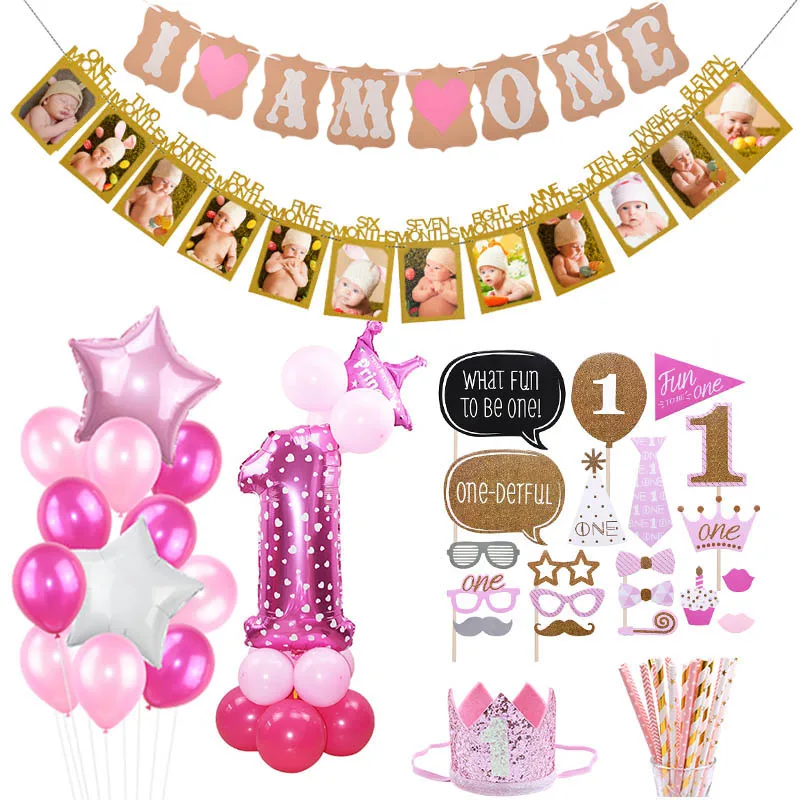 1st Birthday Party Decorations I am One Year Kids Happy Birthday Banner Balloons Pink Blue Baby Boy Girl 1 First Party Supplies