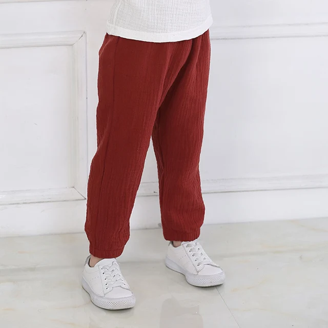 2-7 Yrs Linen Pleated 2022 Baby Boys Girls Summer Cotton Harem Baggy Pants Kids Clothes Children Sweatpants Trousers Breathable Red