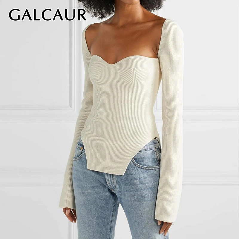 GALCAUR Sexy Side Split Knitted Women's Sweater Square Collar Long Sleeve Asymmetric Sweaters Female Fashion New Clothes 2020 | Женская