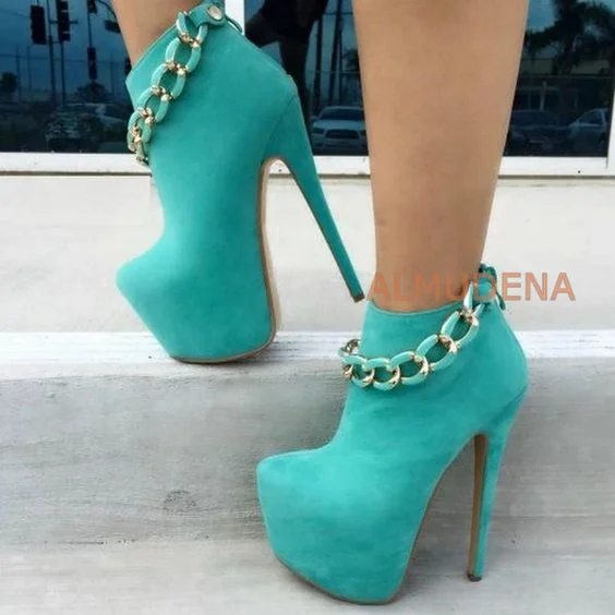 

Round Toe Platform Super High Heel Ankle Boots Ladies Blue Suede Metal Chain Low Top Boots Spring Sexy Back Zipper Shoes