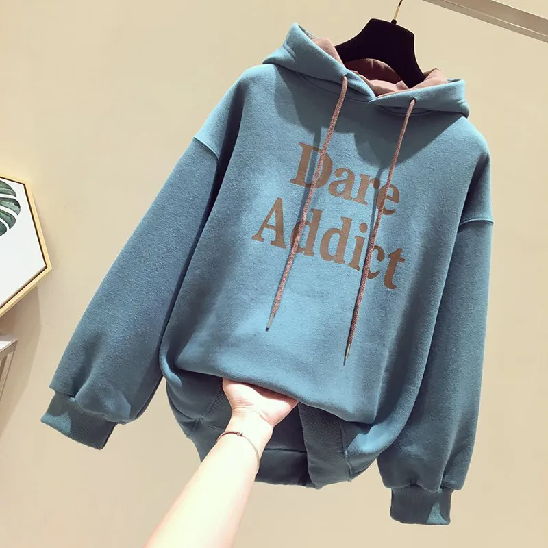

Sweatshirt pullover plus velvet thick women's hooded 2019 autumn and winter new Korean loose wild pullover print top