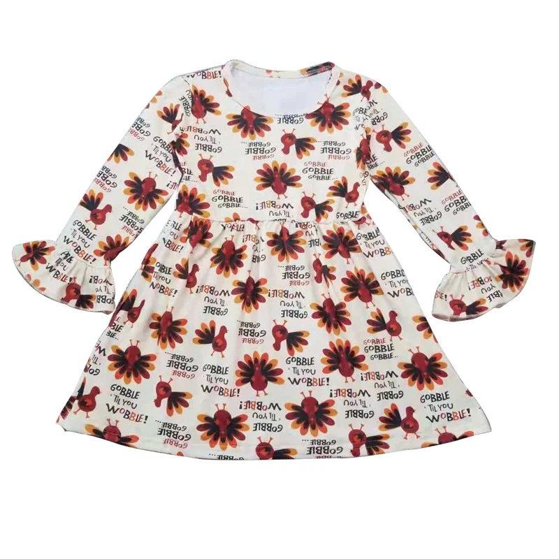 Осень/Зима платье на День Благодарения для маленьких девочек длинные рукава с рюшами индейка gobbie молочного шелка одежда бутик детская одежда по колено