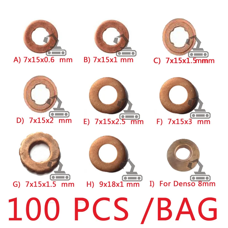 100pcs 7x15mm / 9x18mm Diesel Common Rail Injector Copper Seal Washer Gasket Ring Repair Kits