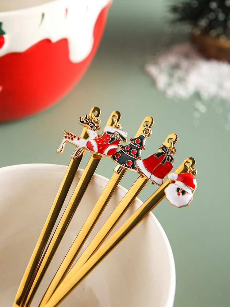 Christmas Gift Party Desserts Ice Cream Coffee Mixing Spoons Stainless Cutlery 6 Pieces 1 Set Cafe Shop Home Resturant Use