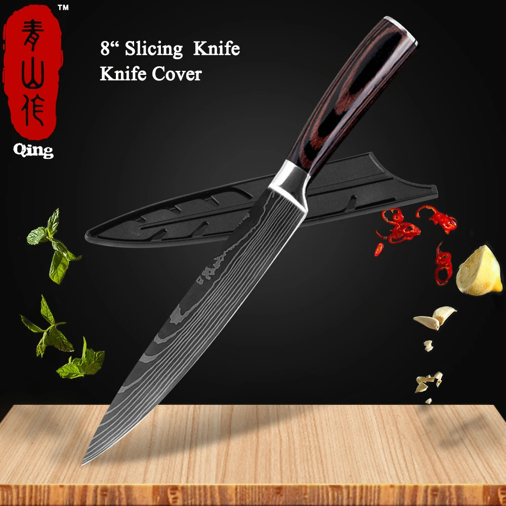 8 inch Slicing Knife Бренд Qing 8 дюймов японские кухонные ножи лазерный дамасский нож шеф-повара острый нож Santoku Кливер нож для нарезки нож инструмент - Цвет: 8 inch Slicing Knife