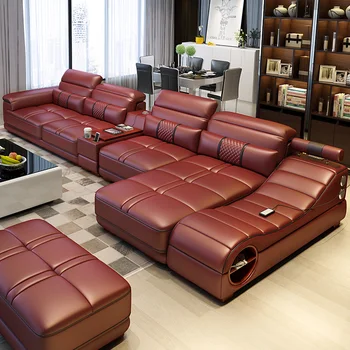 

Living room furniture high quality Red color genuine leather massage sofa
