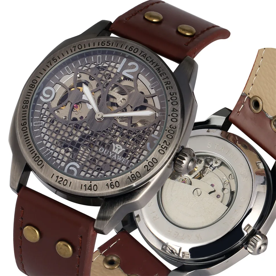 

OUYAWEI Vintage Grey Punk Automatic Watch Self Winding Men's Watch Metal Skeleton Display Dial Genuine Leather Men Wrist Watches