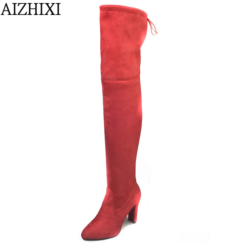 Классические сапоги выше колена; женская обувь; сезон осень-зима; женские облегающие высокие сапоги; пикантные женские сапоги на очень высоком каблуке - Цвет: Red