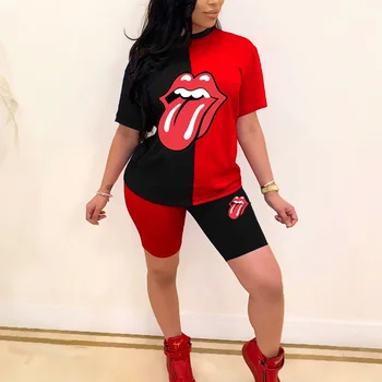 

Sexy lips Print Tracksuit Women 2 Piece Set 2020 Summer Top and Shorts Set jogging Patchwork women clothes Outfit