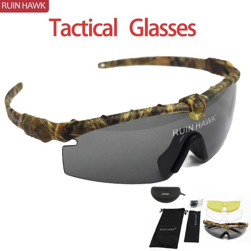 Gafas sol militares con protección UV400 para hombre, lentes tácticos para tiro, caza, senderismo, exteriores, 3 lentes|Gafas de senderismo|