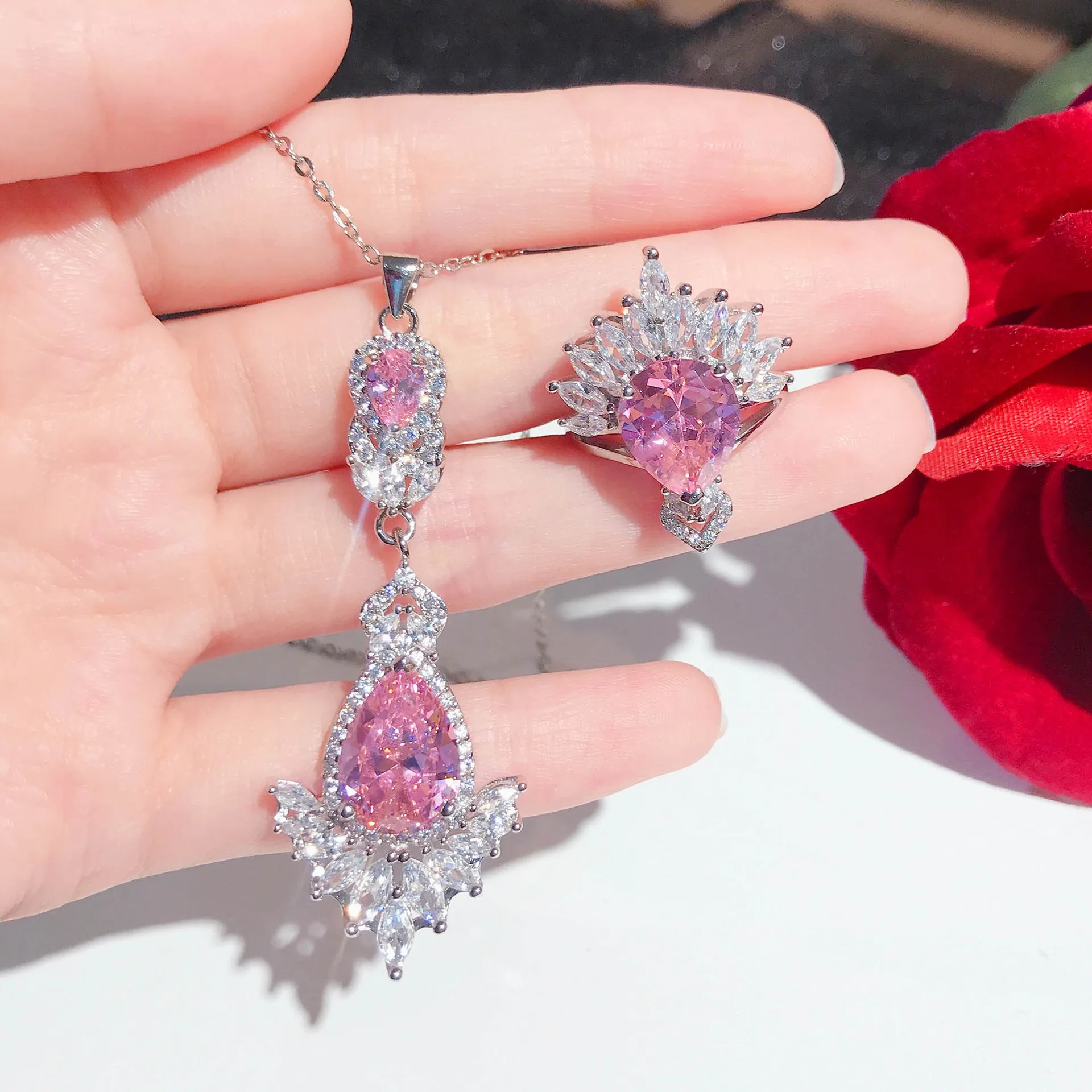 Brand New Stunning Pink Cz Stone Ring Necklace Silver Color Simulation